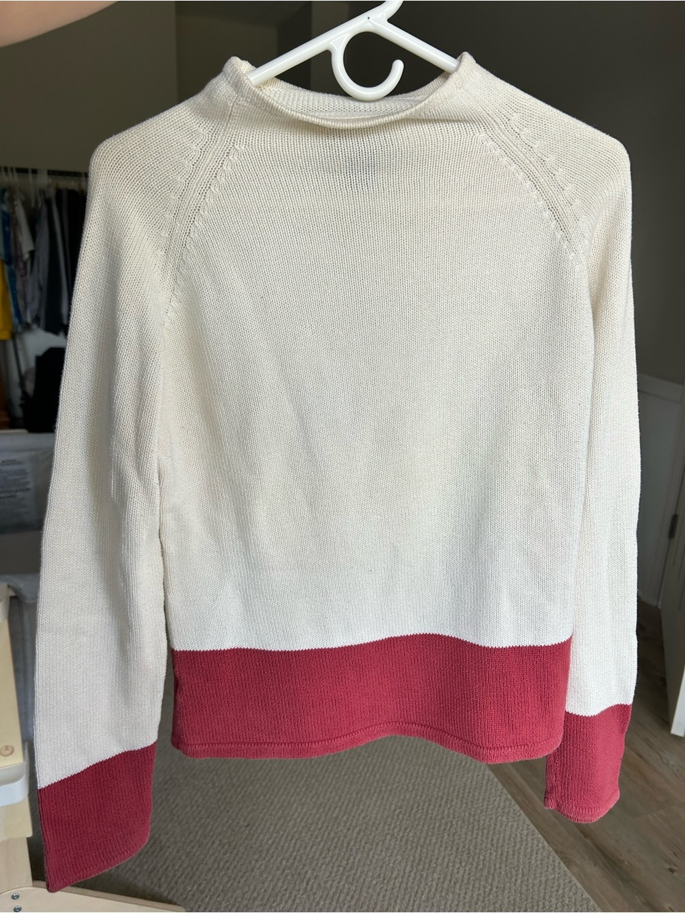 Vintage Ann Taylor Cream Mock Neck Sweater with Red Hem and Cuffs